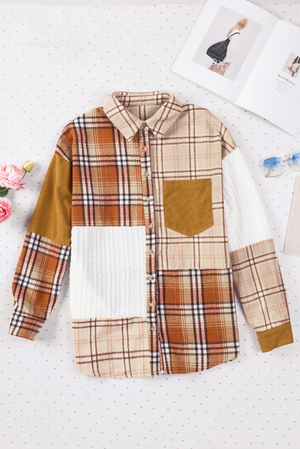 Color Block Plaid Corduroy Shacket with Pocket