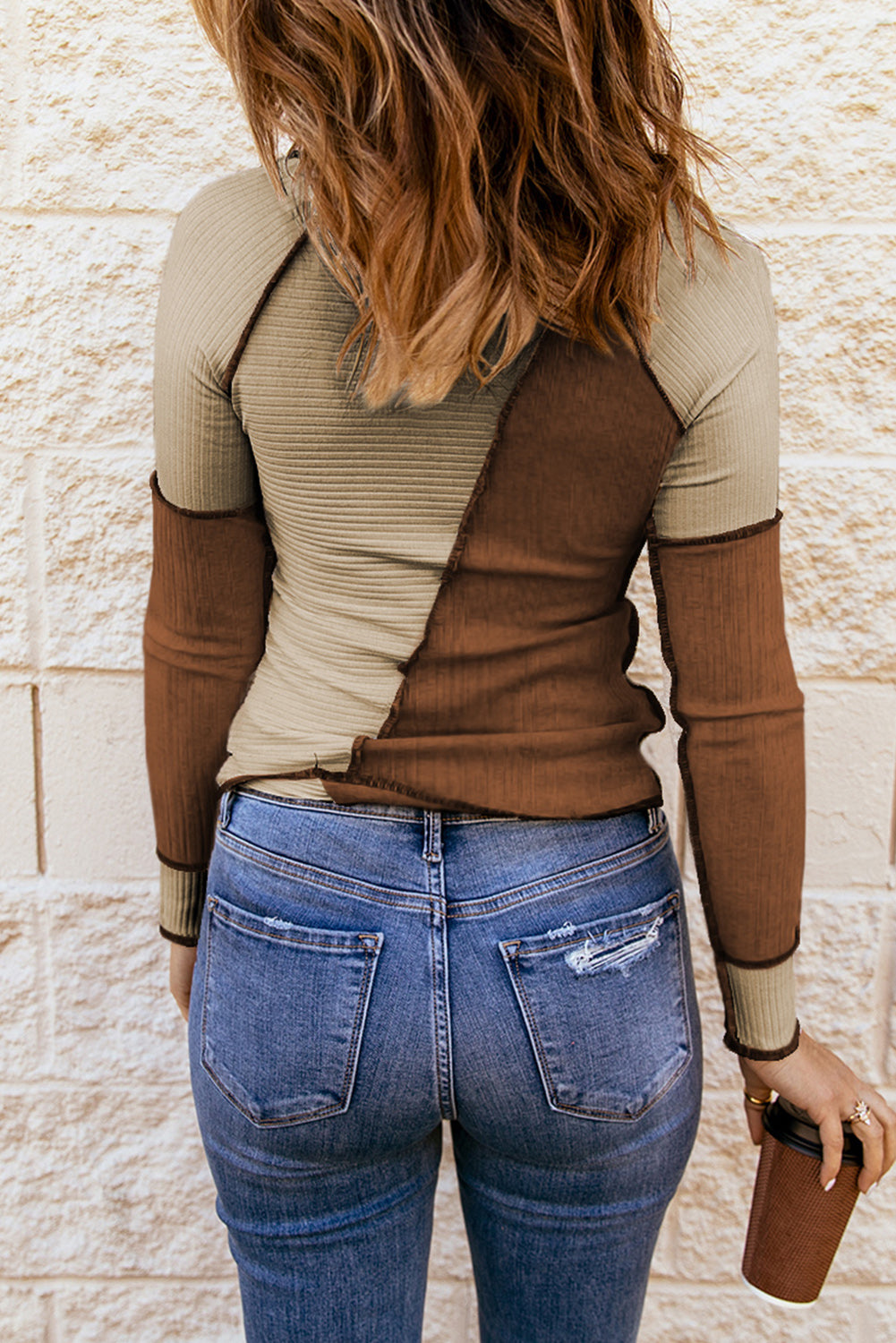 Irregular Color Block Rib Knit Long Sleeve Top