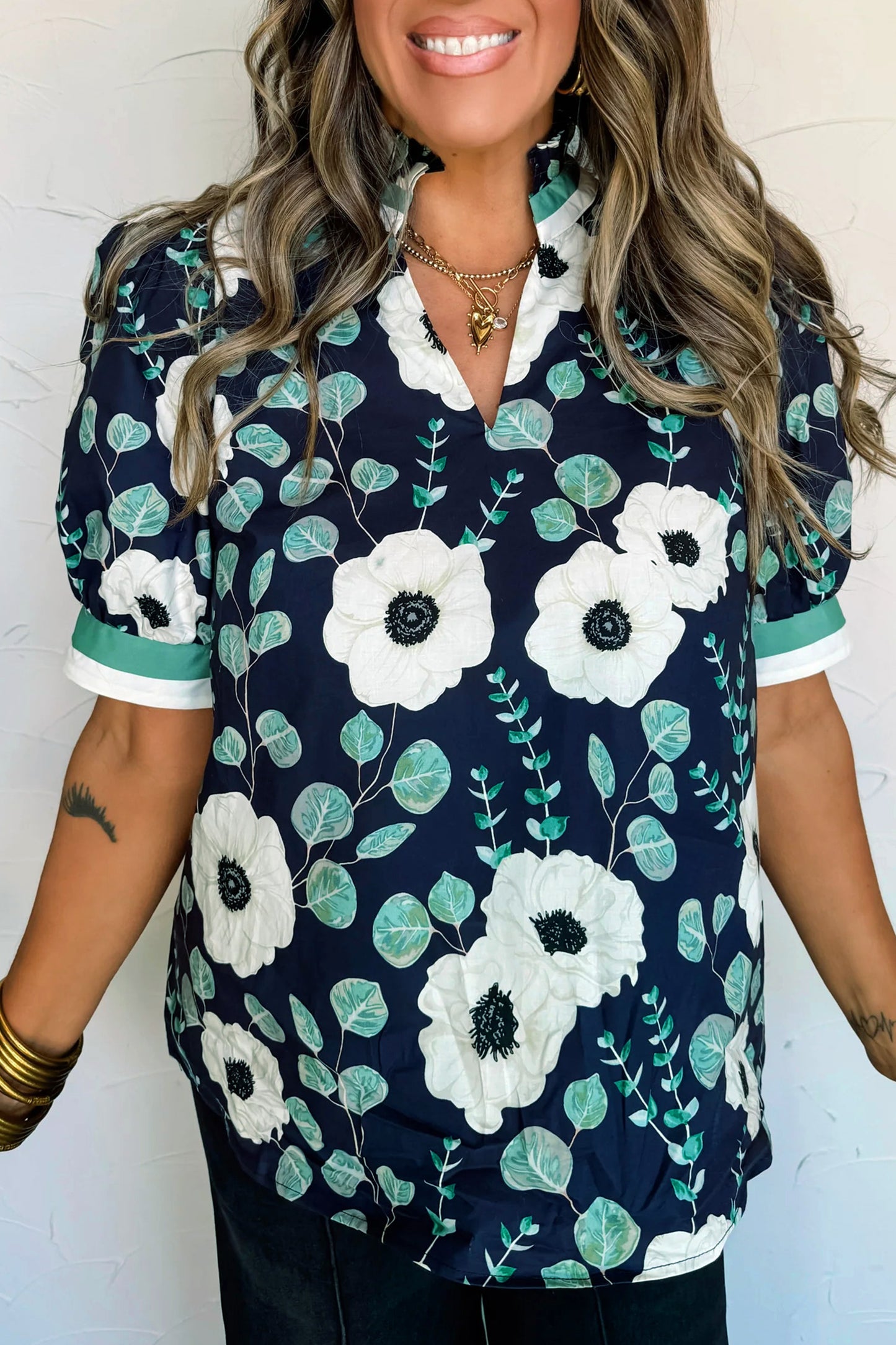 Blue Floral Print Striped Patchwork V Neck Short Sleeve Blouse