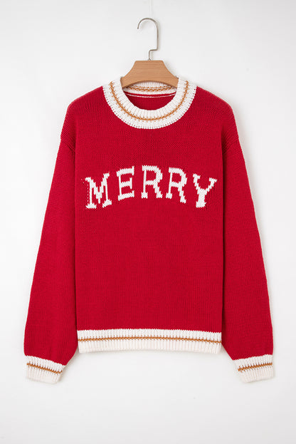 Red MERRY Graphic Drop Shoulder Holiday Knit Sweater