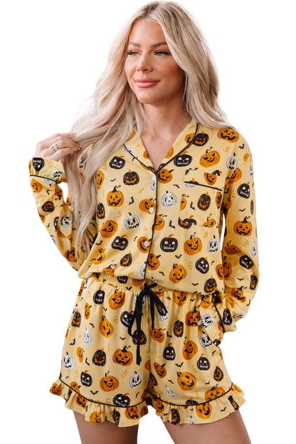 Halloween Pumpkin Print Ruffle Shorts Pajama Set