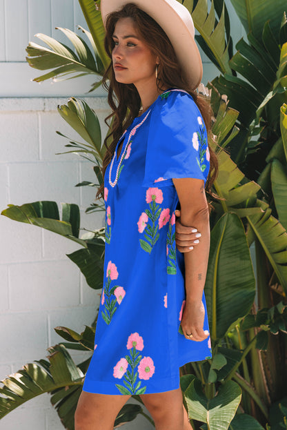 Easter Floral Split Neck Short Sleeve Mini Dress