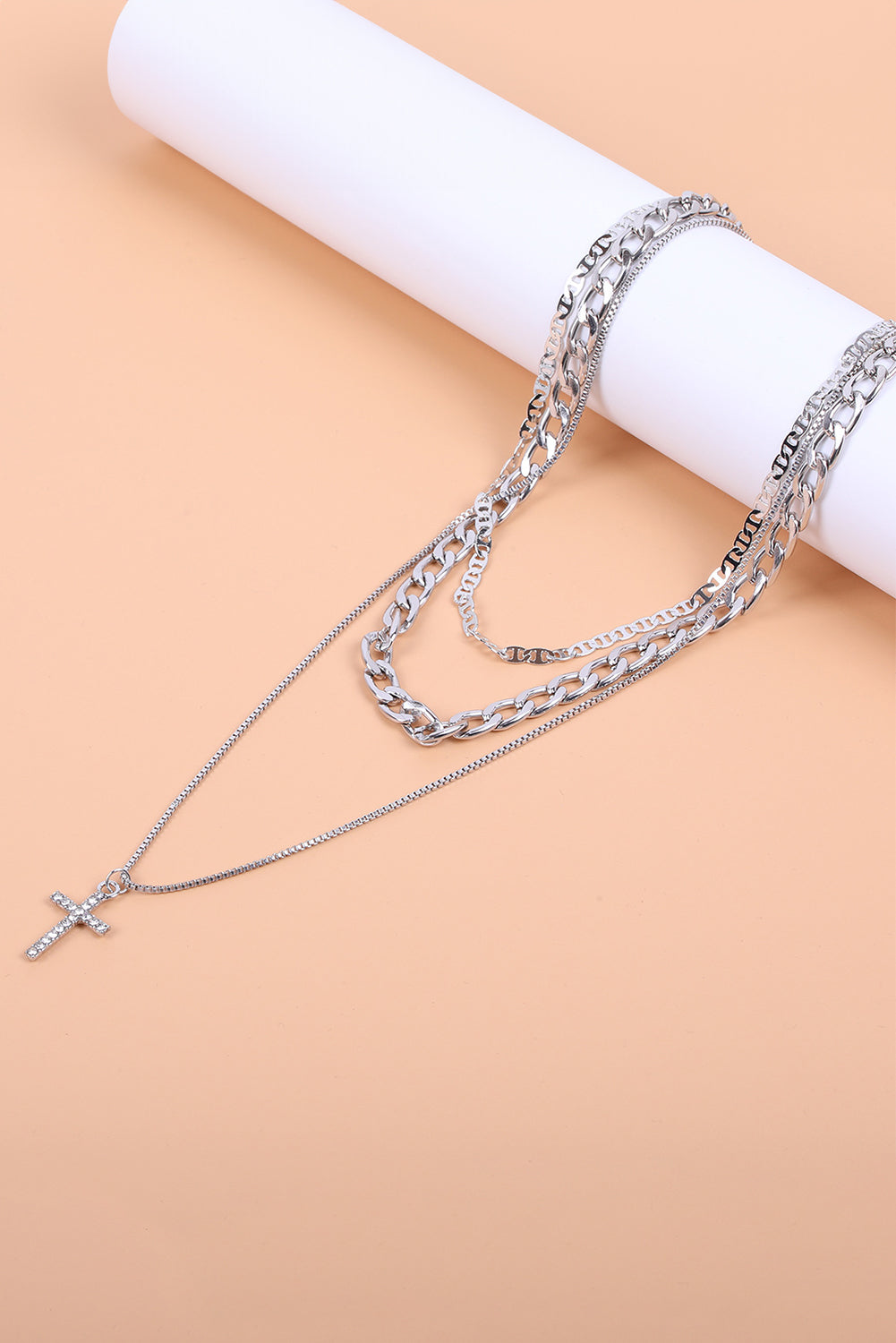 Silver Cross Pendant Layered Chain Necklace Set