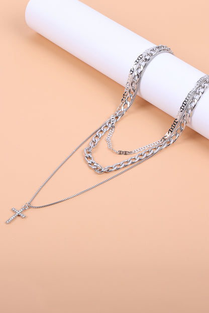 Silver Cross Pendant Layered Chain Necklace Set