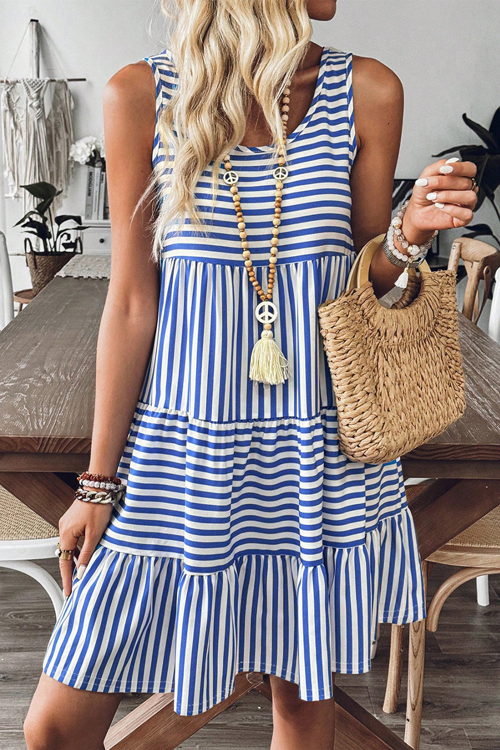 Black White Stripe U-Neck Sleeveless Loose Mini Dress