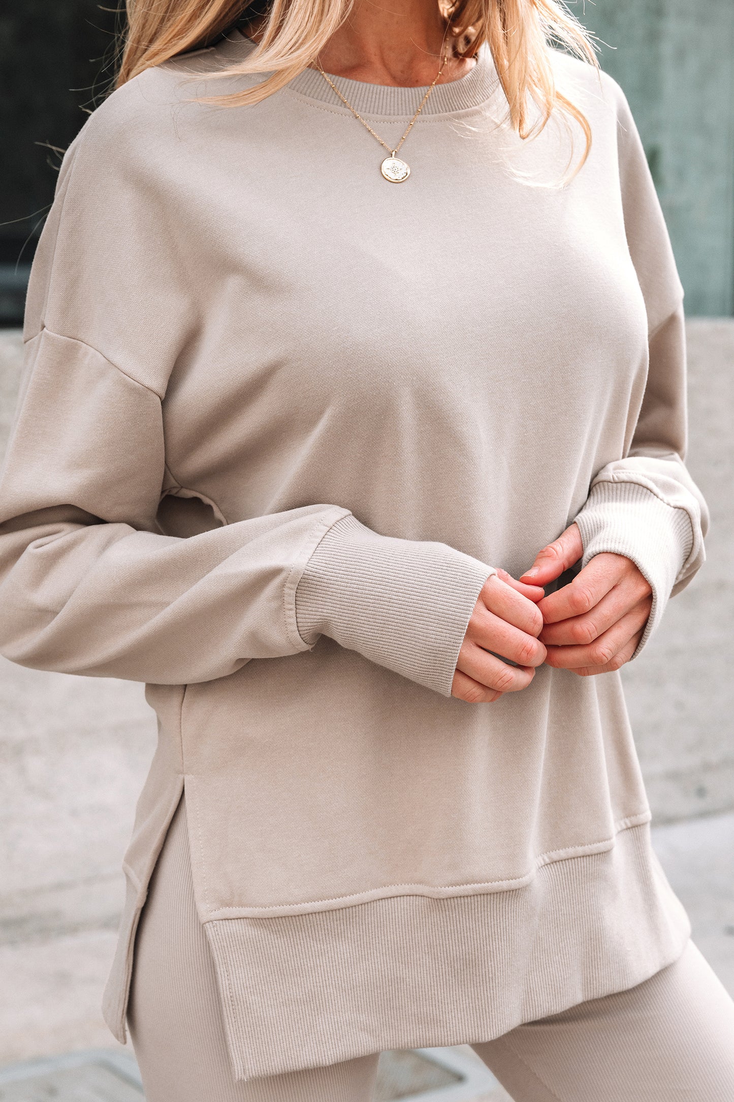 Solid Oversize Slit Sweatshirt with Ribbed Leggings Set