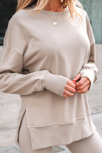 Solid Oversize Slit Sweatshirt with Ribbed Leggings Set