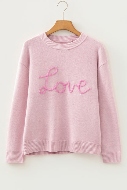 Valentine Pink Love Script Corded Knit Sweater