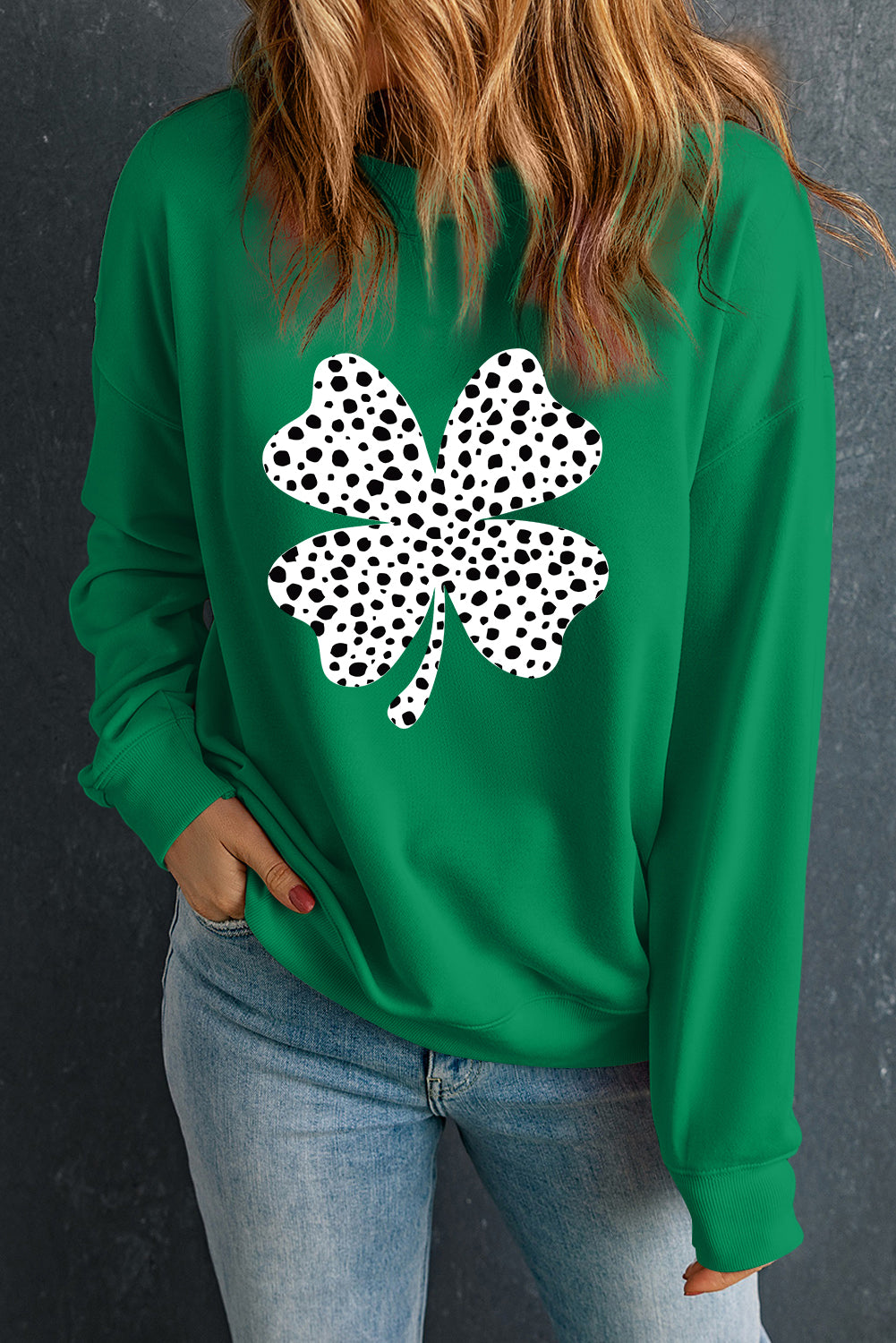 Dark Green Polka Dot Clover St Patrick’s Drop Shoulder Sweatshirt