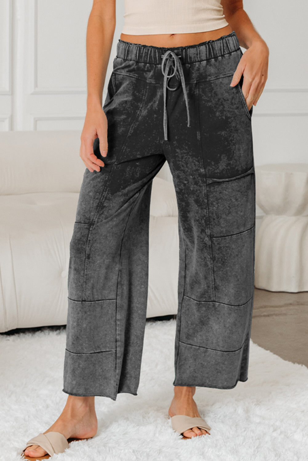 Mineral Wash High Waist Wide Leg Pants with Pockets
