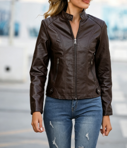 Womens Faux Leather Moto Jacket Zip Up Stand Collar