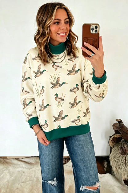 Multicolour Mallard Print Patchwork Colorblock High Neck Sweatshirt