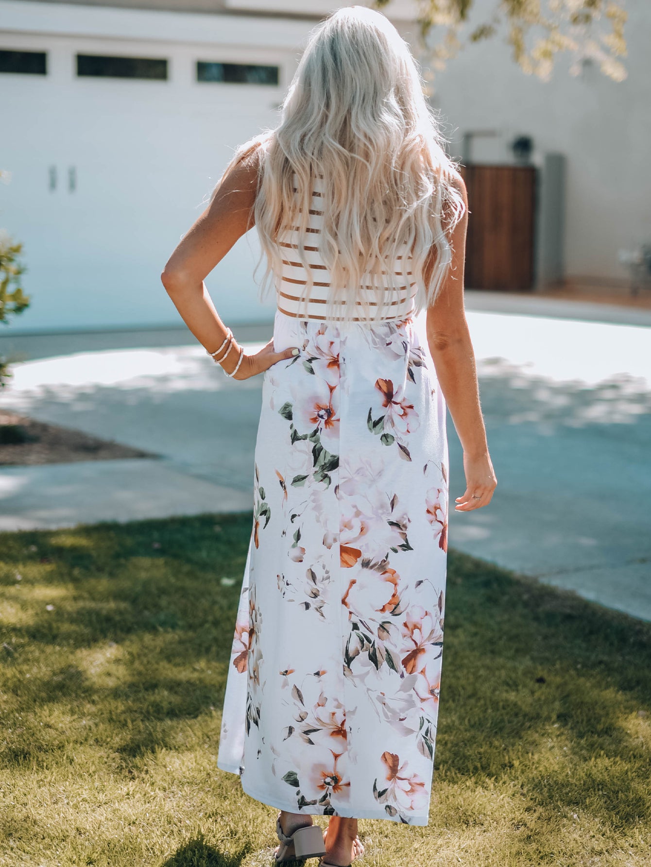 Striped Floral Sleeveless Maxi Dress with Pockets