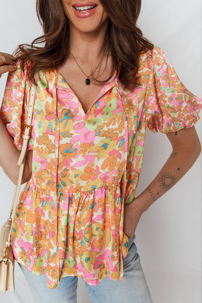 Orange Floral Split V Neck Short Sleeve Peplum Blouse