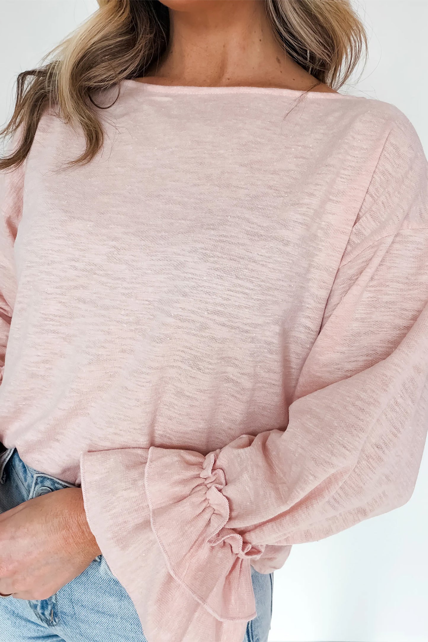 Gossamer Pink Ruffle Sleeve Loose Long Sleeve Blouse Top