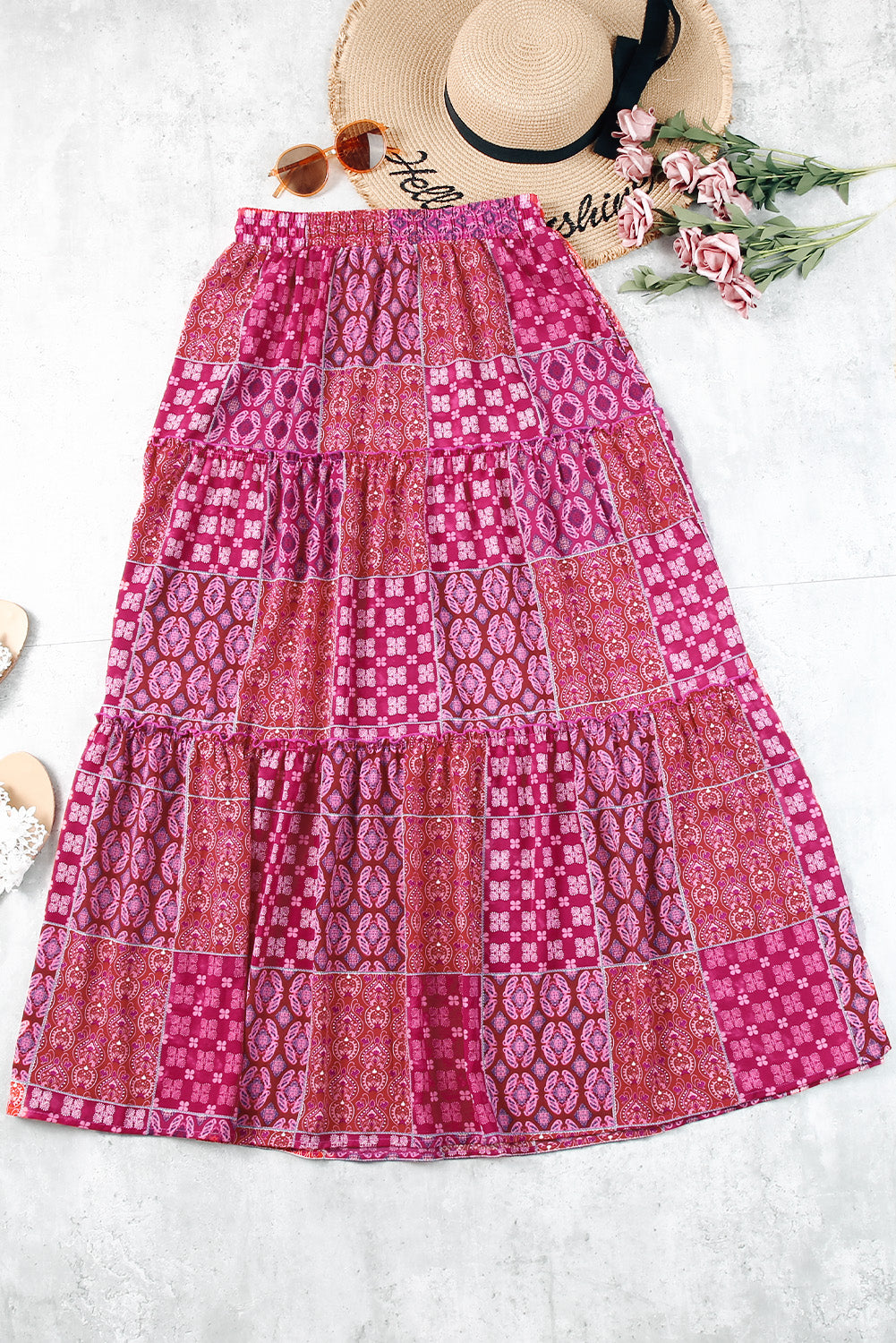 Paisley Print Tiered Maxi Skirt with Pockets