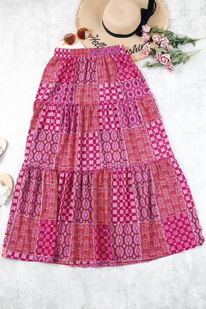 Paisley Print Tiered Maxi Skirt with Pockets