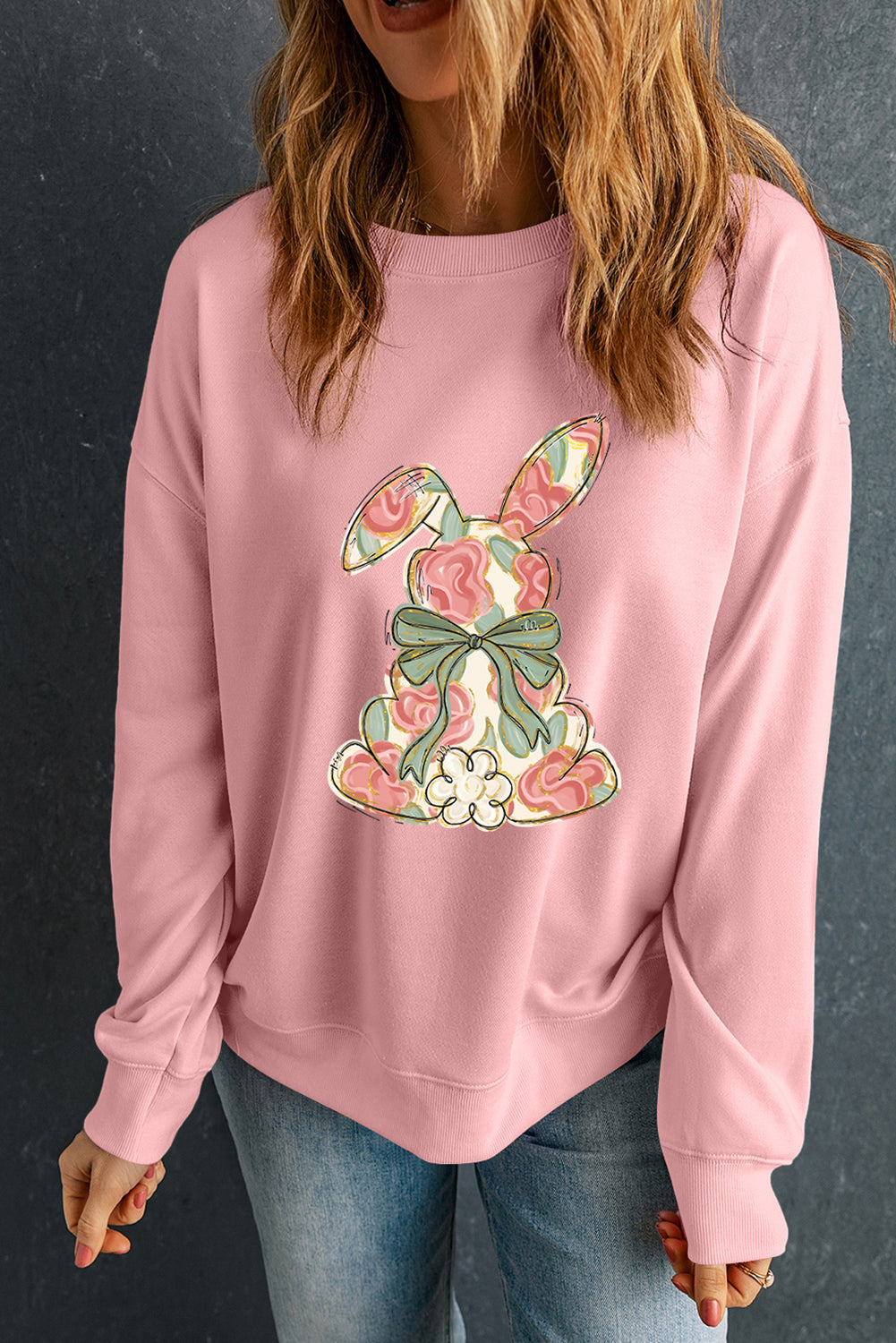Easter Floral Bunny Bow Graphic Pink Casual Sweatshirt