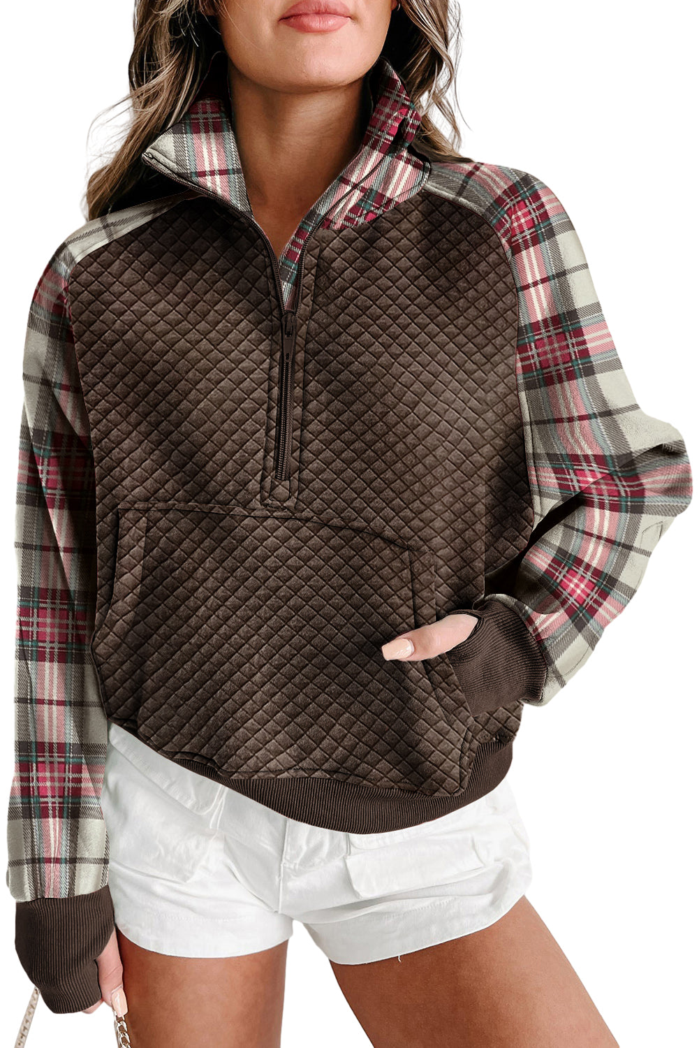 Khaki Printed Plaid Sleeve Patchwork Collared Textured Sweatshirt