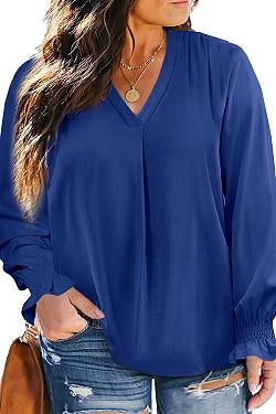 Pleated V Neck Puffy Sleeve Blouse Plus Size