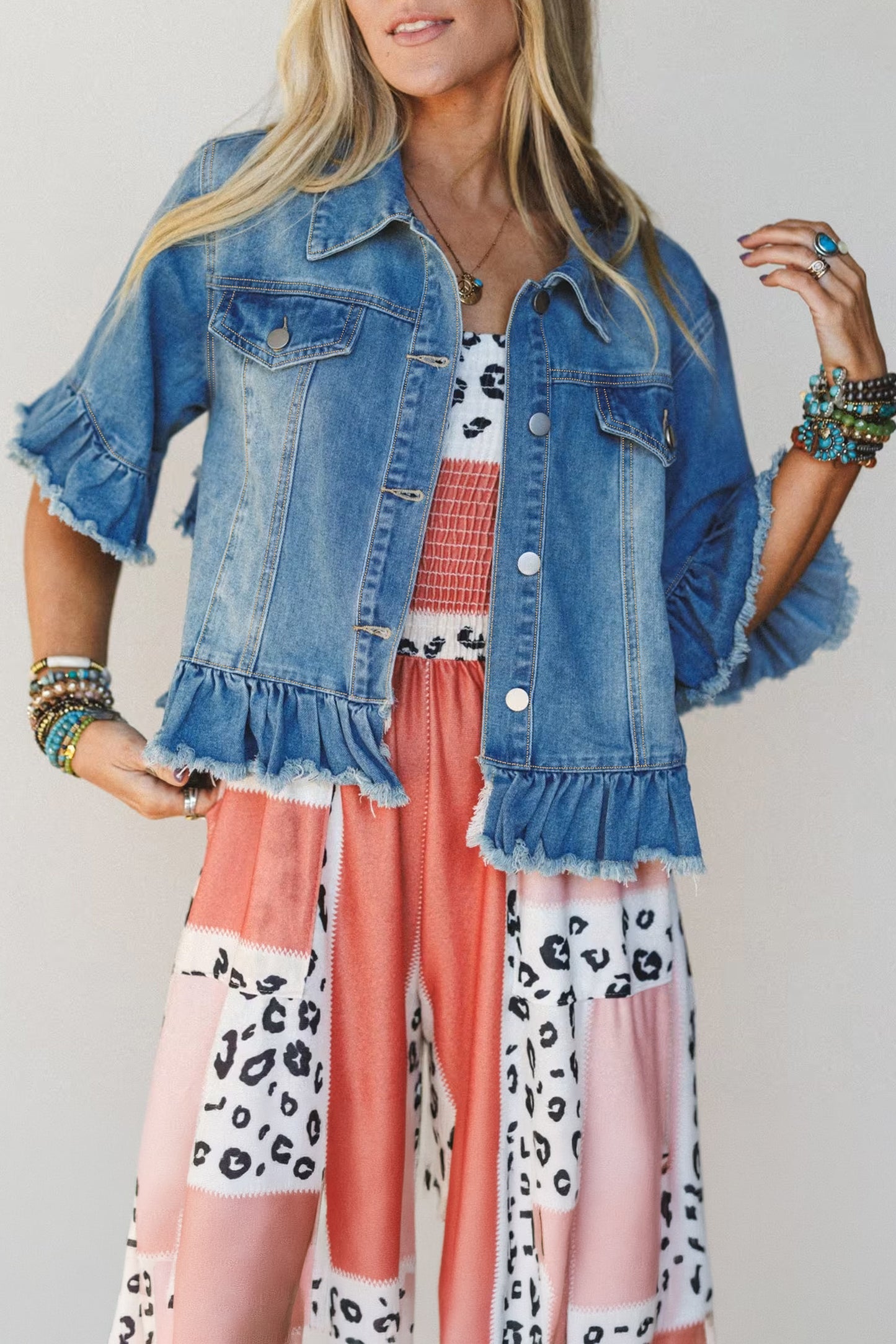 Ruffle Trim Raw Hem Half Sleeve Cropped Denim Jacket