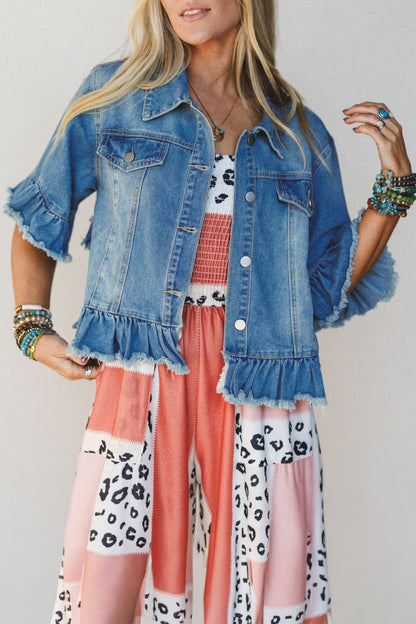 Ruffle Trim Raw Hem Half Sleeve Cropped Denim Jacket