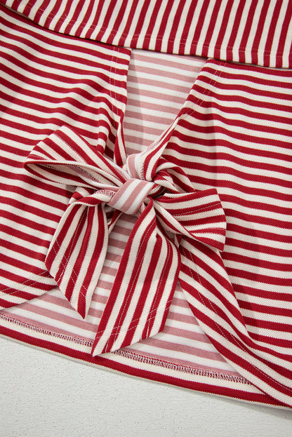 Red Stripe Bow Cutout Back Drop Shoulder Loose Tee