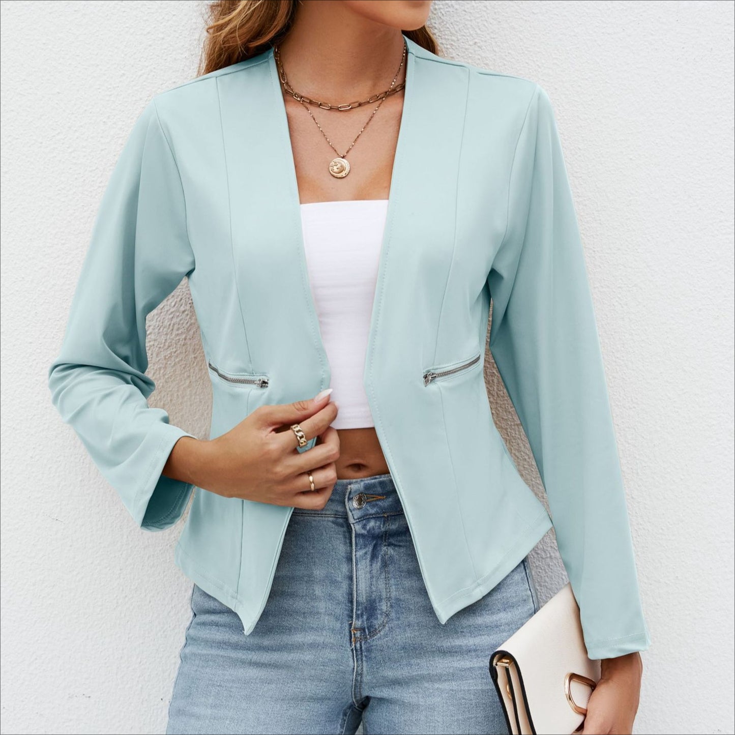 Women's Cropped Blazer Open Front Zip Pocket Jacket