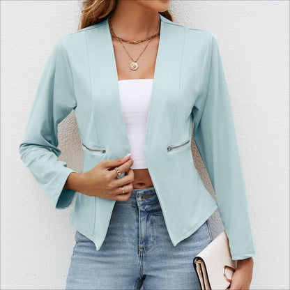 Women's Cropped Blazer Open Front Zip Pocket Jacket