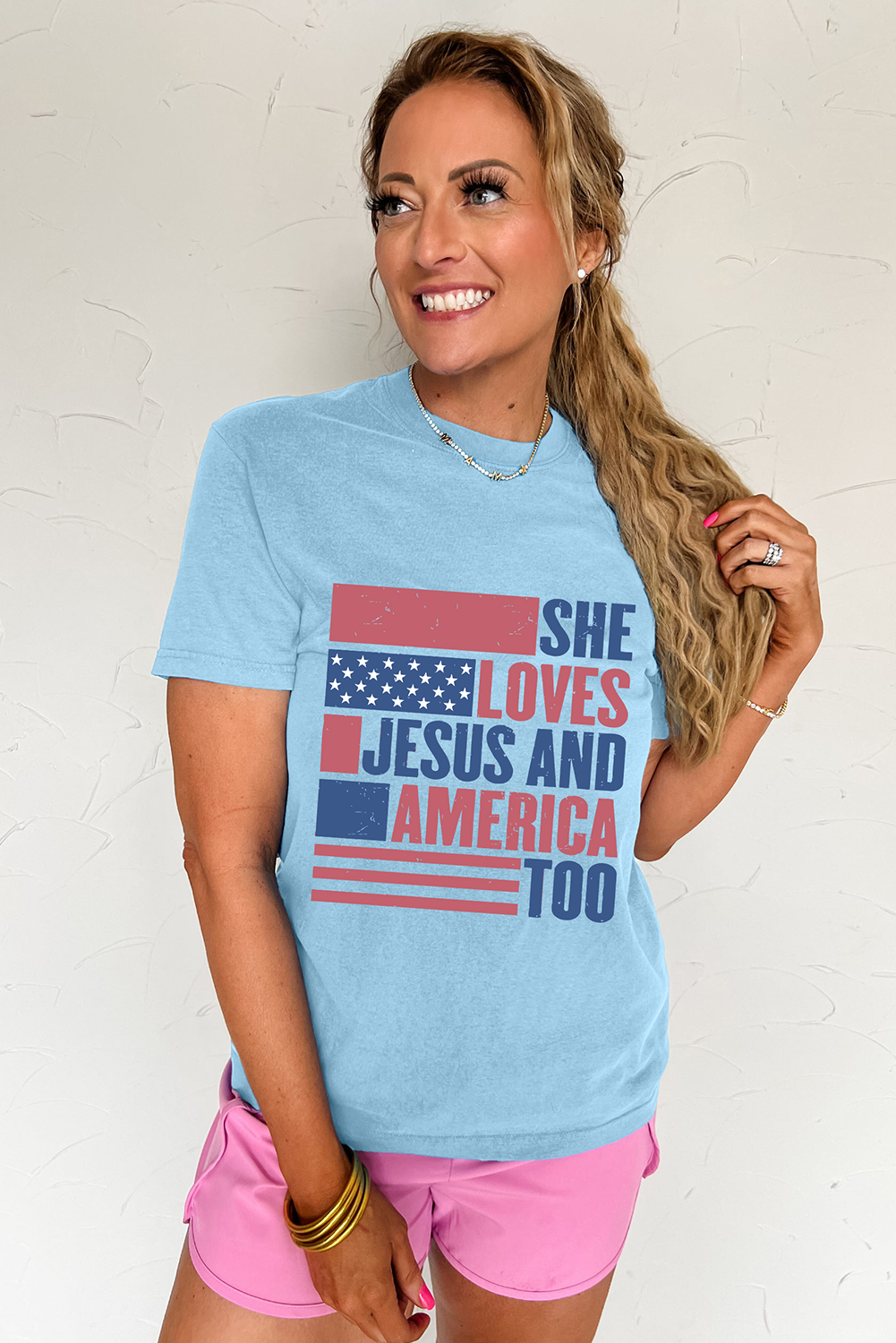 LOVES JESUS AND AMERICA TOO Patriotic Tee Flag Day