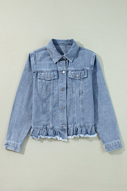 Beau Blue Ruffle Raw Hem Flap Pocket Denim Jacket