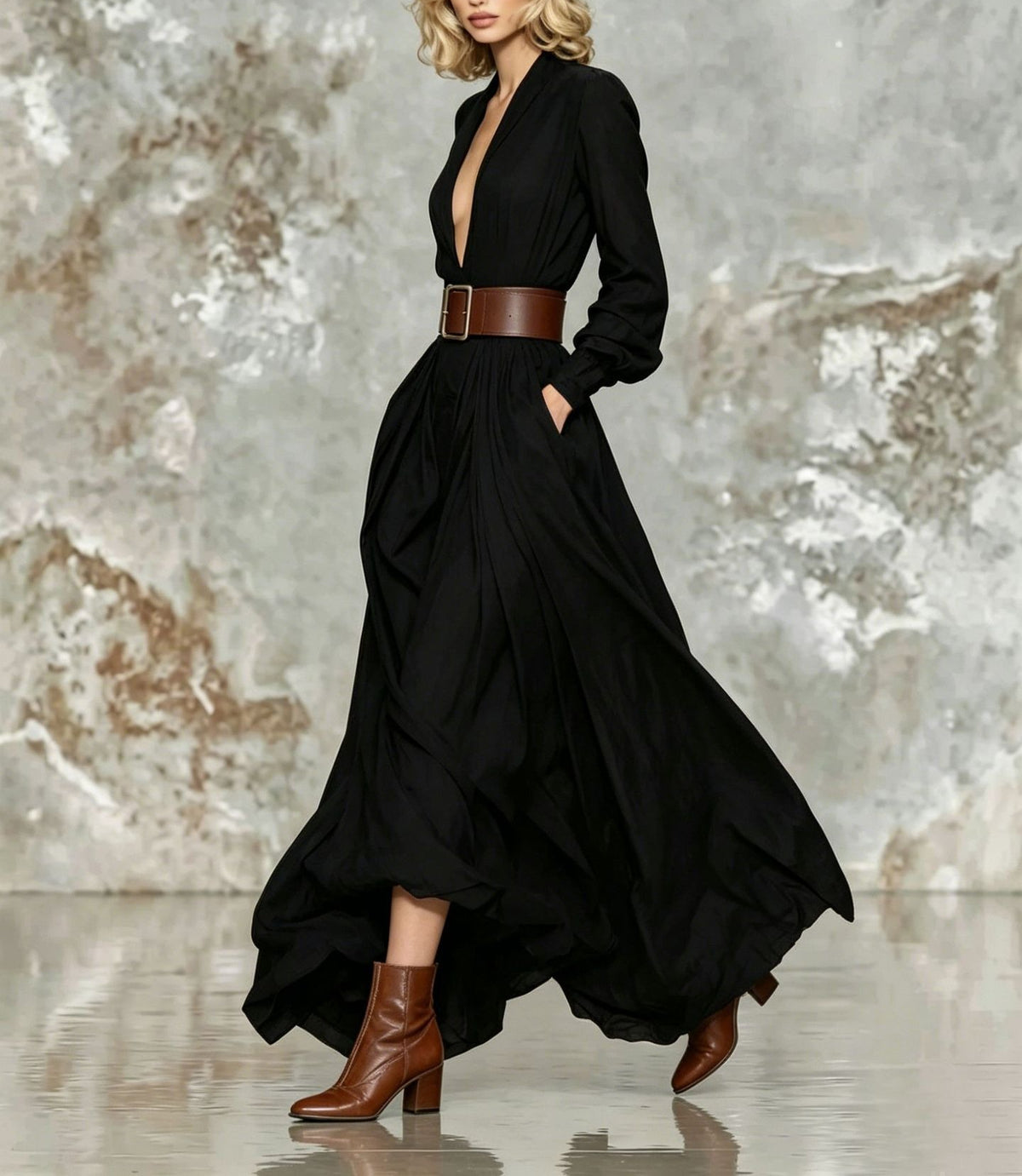 Women Belted Maxi Dress Long Sleeve A-Line Flowy Elegant