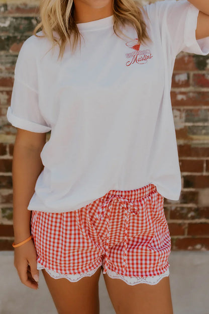 Gingham High Waist Tie Lace Trim Casual Shorts Women