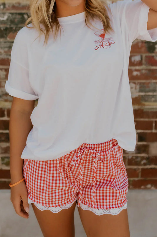 Gingham High Waist Tie Lace Trim Casual Shorts Women
