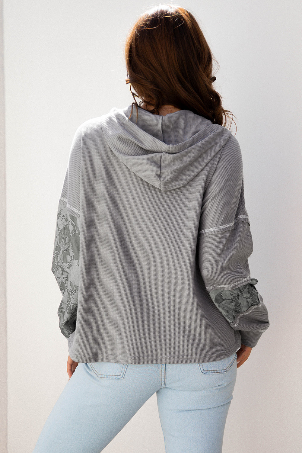 Cinnamon Waffle Printed Patchwork Drawstring Hooded Long Sleeve Top