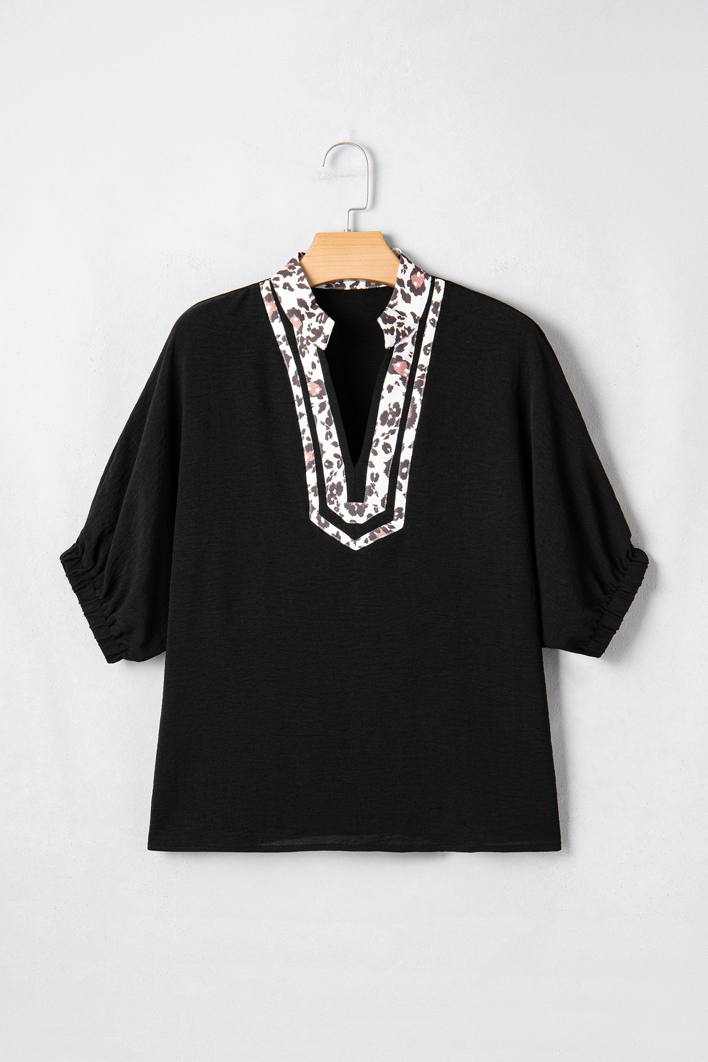 Rose Leopard Trim V Neck Dolman Sleeve Blouse Loose Fit Top
