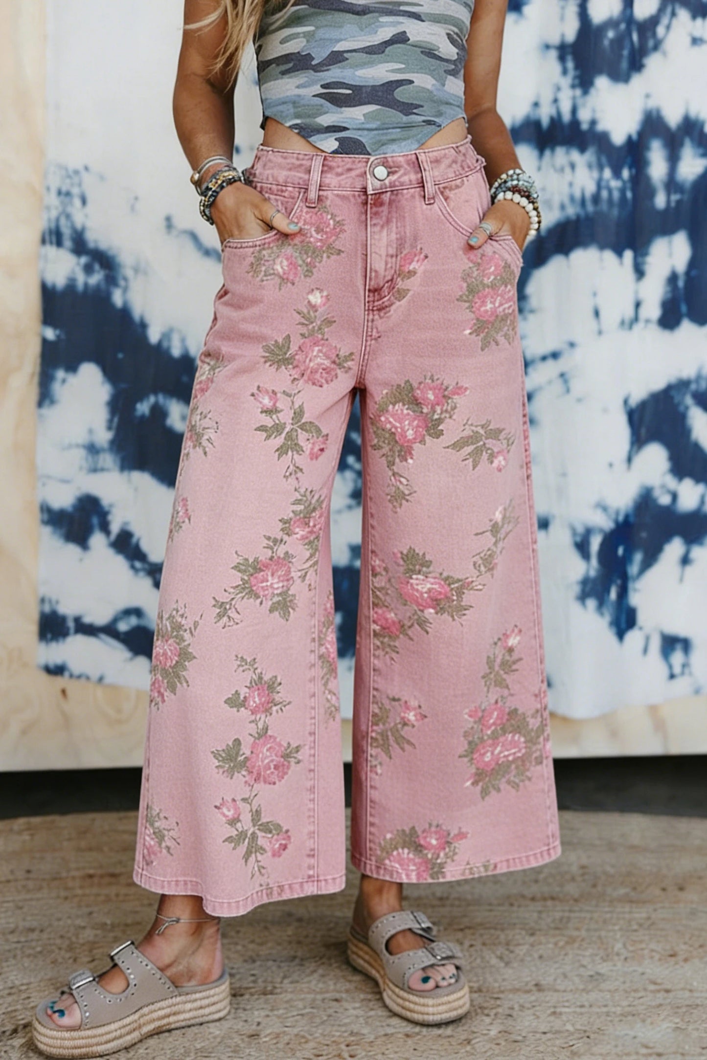 Floral Print Bootcut Jeans High Waist Vintage Denim