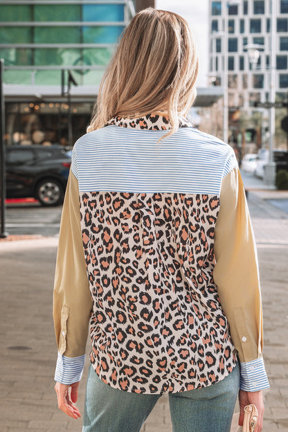 Sky Blue Striped Colorblock Leopard Patchwork Pocket Shirt