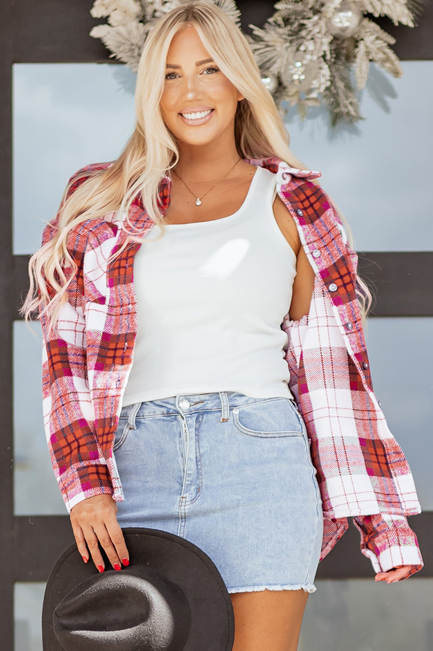 Christmas Plaid Button Down Flannel Shacket for Women