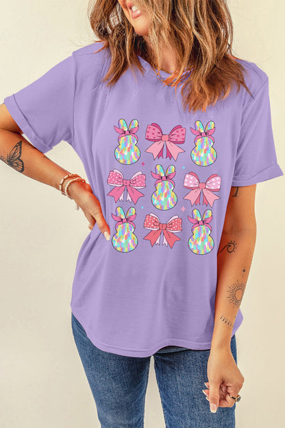 Easter Bow Bunny Graphic Lavender Casual Spring Tee
