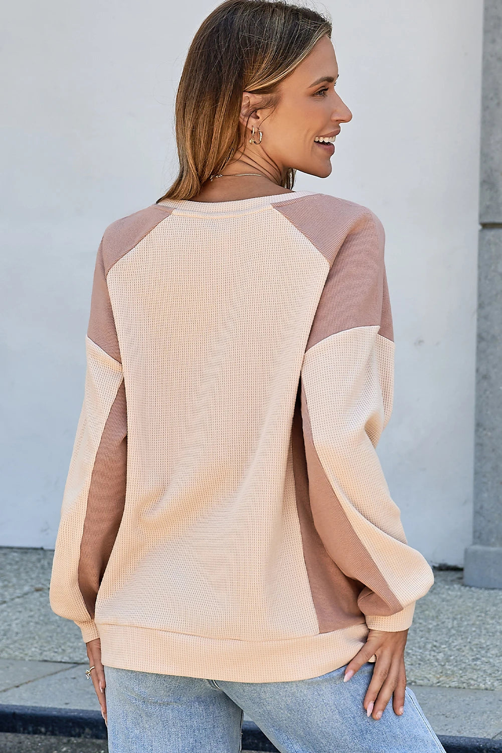 Color Block Waffle Knit Raglan Sleeve High Low Pullover