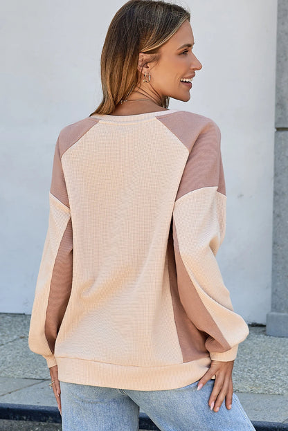 Color Block Waffle Knit Raglan Sleeve High Low Pullover