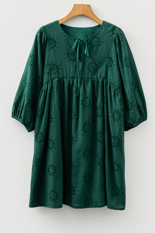 Green Eyelet Embroidered Puff Sleeve Babydoll Mini Dress