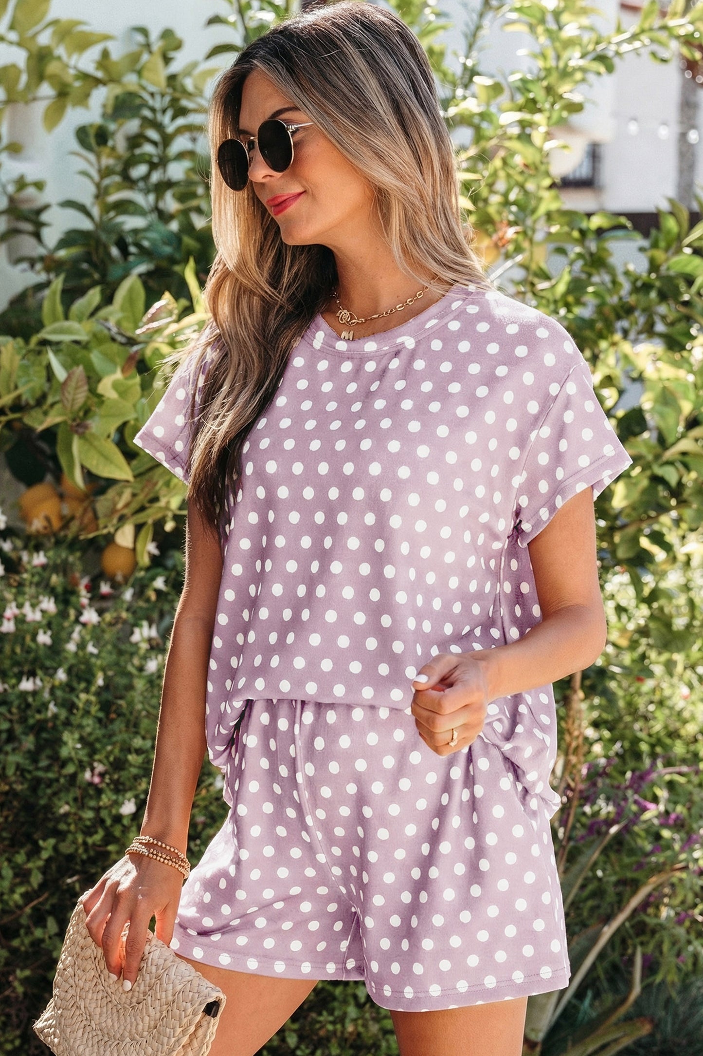 Polka Dot Lounge Short Set Casual Two Piece Outfit