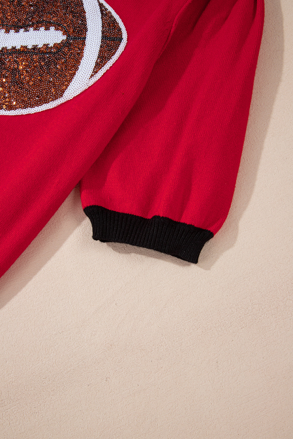 Red Sequin Rugby Color Block Puff Short Sleeve Sweater