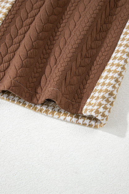 Khaki Houndstooth Color Contrast Textured Patchwork Shacket