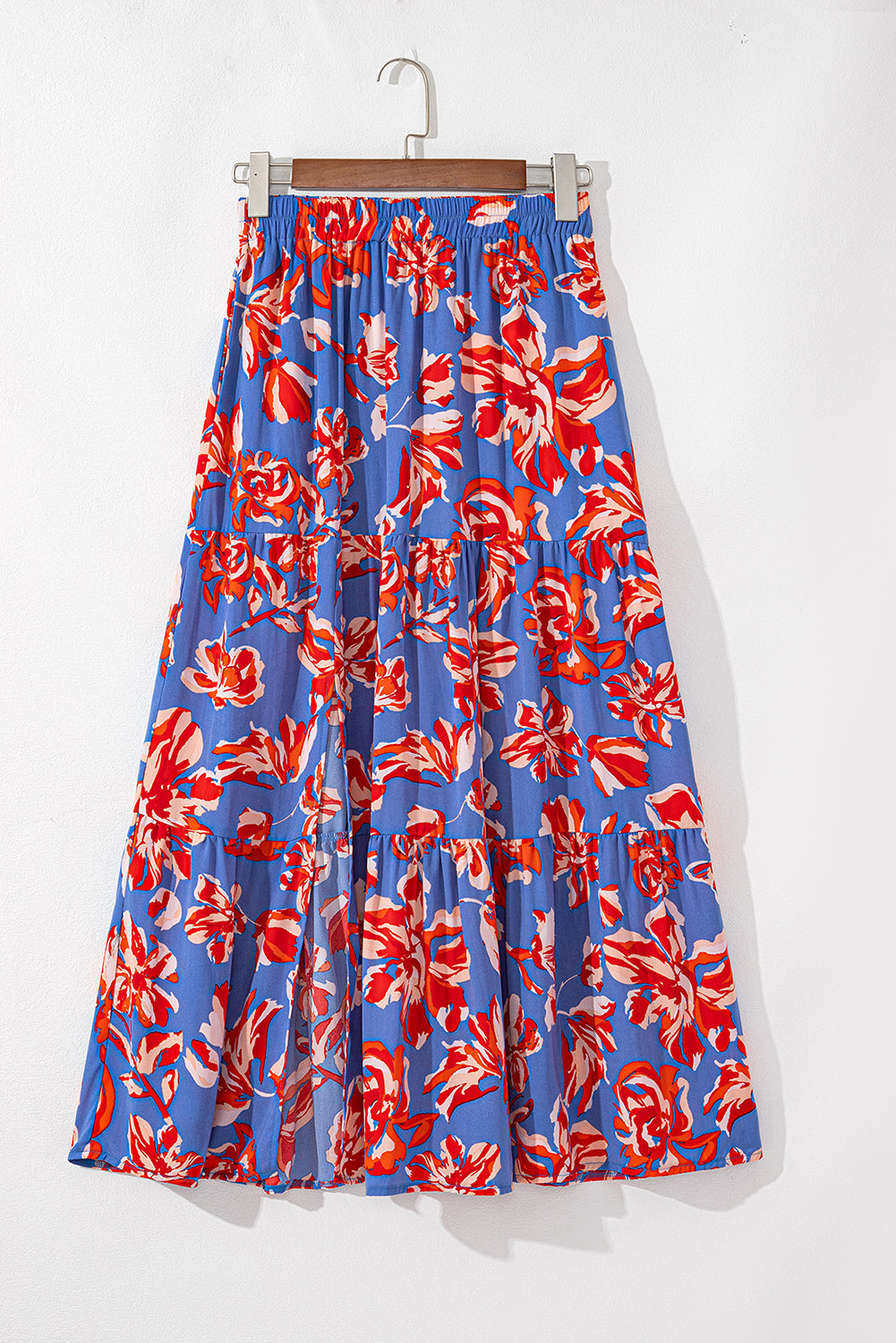Blue Bohemian Floral Print Tiered Maxi Skirt with Split
