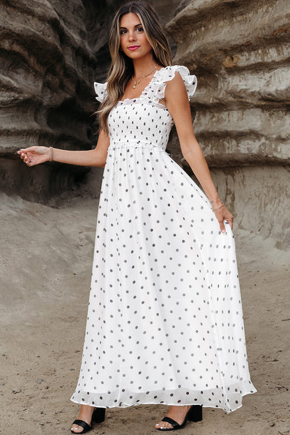 White Polka Dot Smocked Square Neck Flutter Maxi Dress