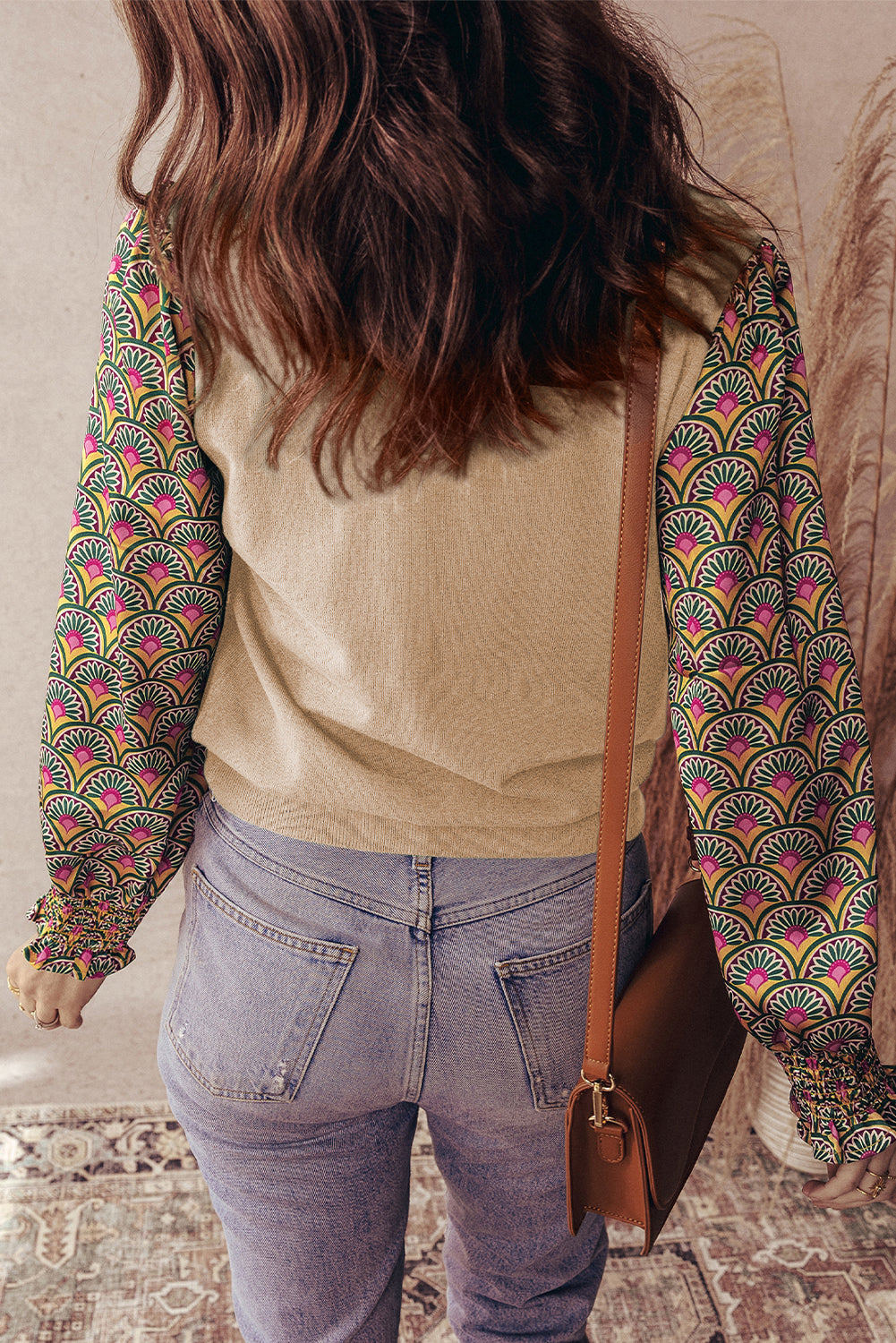 Women Floral Patchwork Puff Sleeve Knit Top