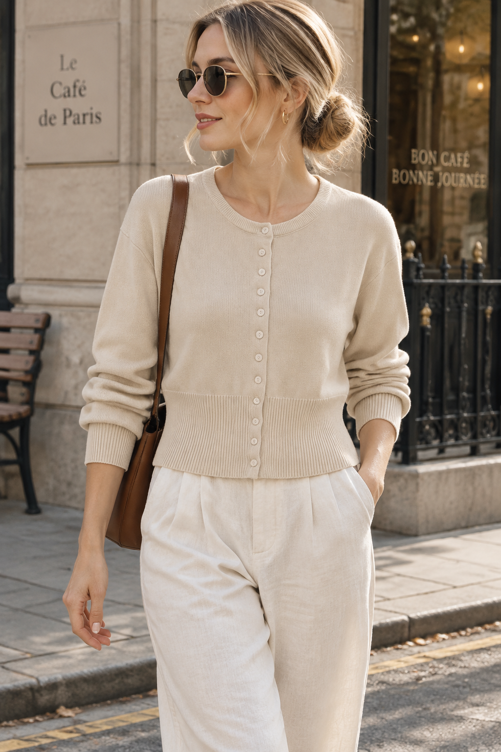 Women's Crew Neck Button Front Long Sleeve Knit Cardigan